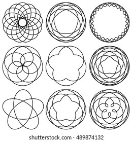 Set spirographic elements for design of labels, stickers, badges or logo. Vector illustration