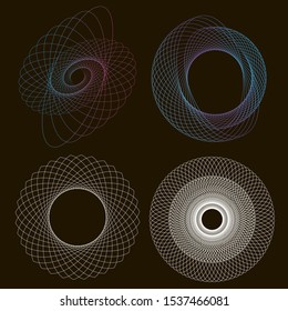 Set of spirographs on a black background.