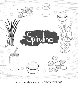 
Set of spirulina hand drawn spirulina algae, pills and smoothie powder and liquid spirulina. Isolated elements on a white background. Vector illustration