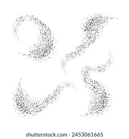 Set of splash arcs, texture of black dots of different shapes, abstract sand effect, gradient of dots isolated on white background. Vector illustration.