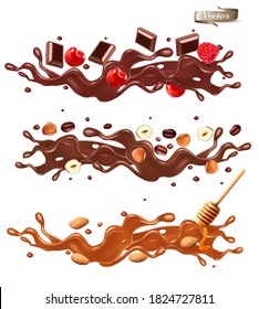 Set of splash of chocolate with whole and sliced cherry, raspberry, almond, nuts and caramel on transparent background. Vector 