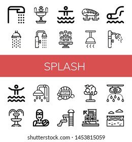 Set of splash icons such as Shower, Fountain, Waterpark, Fishing baits, Water polo, Waterpolo, Melt, Sprinkler, Banana boat , splash