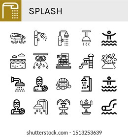 Set of splash icons such as Shower, Fishing baits, Waterpark, Banana boat, Sprinkler, Waterpolo, Water polo, Fountain , splash