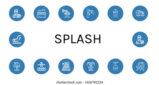 Set of splash icons such as Water polo, Banana boat, Shower, Fishing baits, Melt, Waterpark, Fountain, Waterpolo , splash