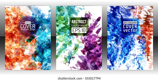 Set of splash paint layout templates for flyer. Vector brochure background with watercolor effect. Abstract ink cover. Aquarelle background poster. Stain layout design. Vector illustration eps 10