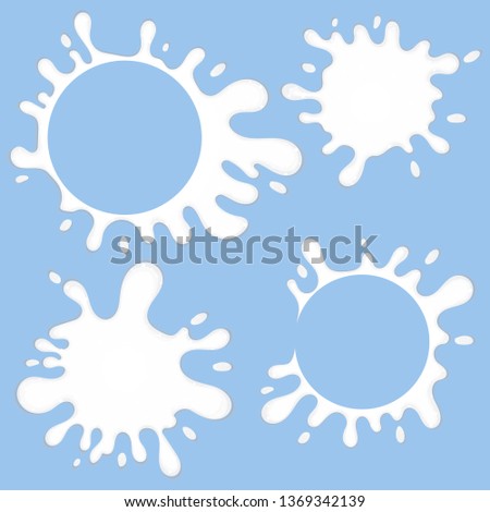 Set of splash with pouring milk dripping on blue background. Texture with milk. Vector illustration. 