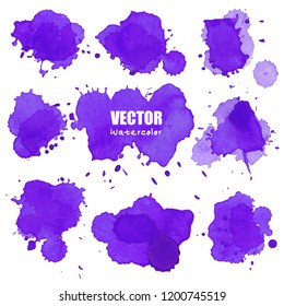 Set of splash purple watercolor, Splash watercolor spray texture isolated on white background. Vector illustration.