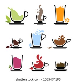 Set of splash silhouette cup of tea, coffee, water, milk or juice. Color icons of beverages.  