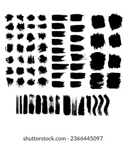Set of splashes, blots. Black inked splatter dirt stain splattered spray splash with drops blots isolated. Artistic texture of ink brush strokes, splatter stains, Paintbrush, stroke vector set