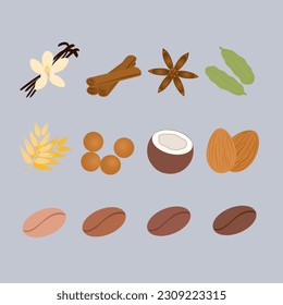 Set of splashes of chocolate and caramel into milk. Vector illustration.