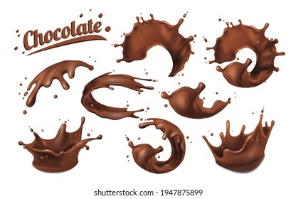 Juego de salpicaduras de chocolate. spots 3D.Resumen caída realista de chocolate con salpicaduras aisladas en fondo blanco.elemento para publicidad, diseño de paquetes. ilustración vectorial