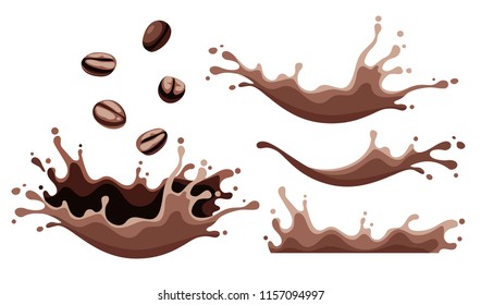 Set of splashes of coffee. Coffee beans falling in morning drink with spray, splash, drops and foam, isolated on white background. EPS10 vector illustration.
