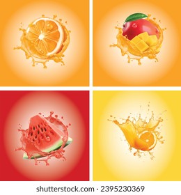 set of splashes fruit juice orange. watermelon, mango. Vector