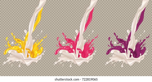 Set of splashes of jam into milk. Liquid is poured and mixed. Vector illustration.  