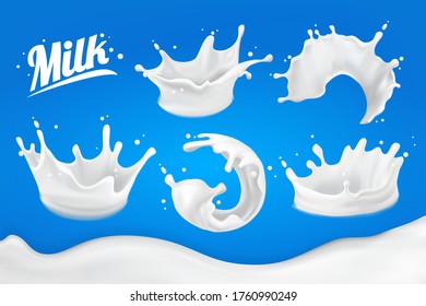 Set of splashes of milk. spots 3D.Abstract realistic milk drop with splashes isolated on blue background.element for advertising, package design. vector illustration