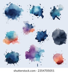 Set of splashes of multicolored ink in different shapes.