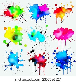 Set of splashes of multicolored ink in different shapes.