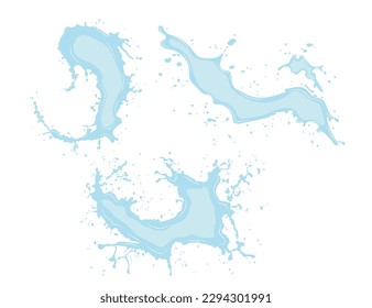 Set of splashes of water or oil with splashes. Vector set of icons of flowing drops, waves, splashes, splashes of nature isolated on white background. Dripping liquid. Water spill. Drops of rain and d