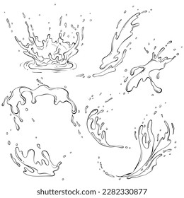 Set of splashes of water or paint. Splashes of fluid. Vector illustration in hand drawn sketch doodle style. Line art liquid with drops isolated on white. Splash water motion. Abstract shapes