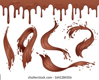 Set of splashes and waves of liquid hot chocolate. Chocolate seamless border