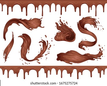 Set of splashes and waves of liquid hot chocolate. Chocolate seamless border