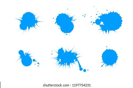 Set of splashing blue paint. Grunge collection spots like stickers. Vector dirty blue blot on white background