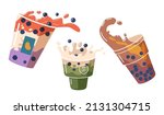 Set of Splashing Bubble Tea in Plastic Cups. Beverages with Bubbles and Splatters Swirls. Cold Drink Splashing in Takeaway Mugs. Healthy Matcha Beverage Advert for Cafe, Cartoon Vector Illustration