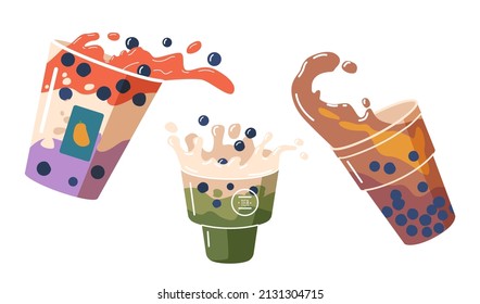 Set of Splashing Bubble Tea in Plastic Cups. Beverages with Bubbles and Splatters Swirls. Cold Drink Splashing in Takeaway Mugs. Healthy Matcha Beverage Advert for Cafe, Cartoon Vector Illustration