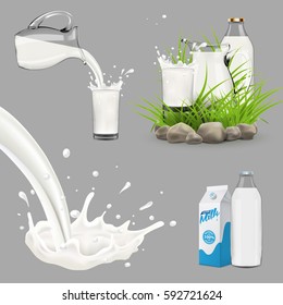 Set of splashing and pouring milk, glass, transparent jug, full bottle and packaging carton, all objects isolated and can be edited separately