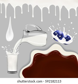 Set of splashing and pouring milk, jug, glass, berries and chocolate, all objects isolated and can be edited separately