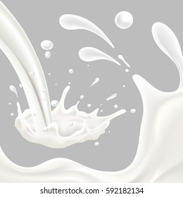 Set of splashing and pouring milk, on gray background all objects isolated and can be edited separately
