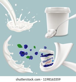 Set of splashing swirling and pouring milk, bottle, jug, glass, packaging carton, all objects isolated and can be edited separately