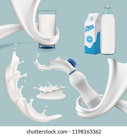 Set of splashing swirling and pouring milk, bottle, jug, glass, packaging carton, all objects isolated and can be edited separately