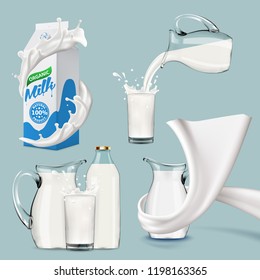 Set of splashing swirling and pouring milk, bottle, jug, glass, packaging carton, all objects isolated and can be edited separately