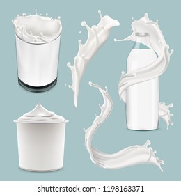 Set of splashing swirling and pouring milk, bottle, jug, glass, packaging carton, all objects isolated and can be edited separately