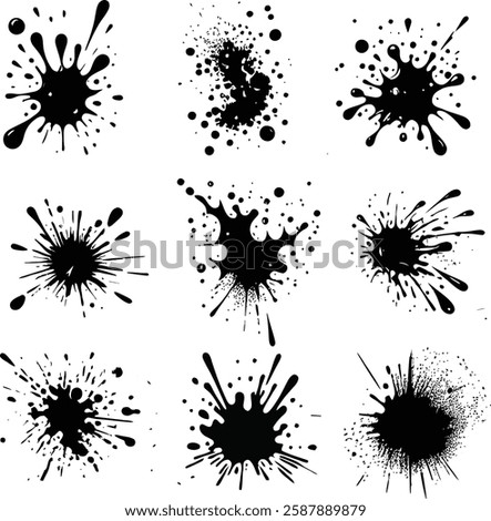 Set Splatter black ink in white canvas