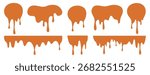 Set of splatter chocolate sauce, melted caramel, honey, syrup, or paint drips. Collection of melting forms, including oozing circles and flowing horizontal borders, in a solid caramel-brown color
