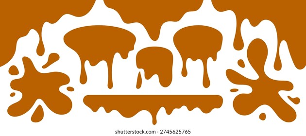 Set of splatter chocolate sauce, melted caramel, honey, syrup, or paint drips. Collection of melting forms, including oozing circles and flowing horizontal borders, in a solid caramel-brown color