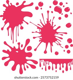 A set of splatter molds. Round paint splatters flat collection, decorative liquid shapes. Grunge splashes, drops, splashes in cartoon style. Stains collection. Isolated vector illustration