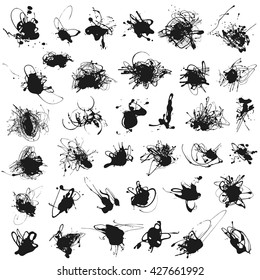 Set of splatter paint stains isolated on white. Vector Illustration. Acrylic splash, ink spots silhouettes.