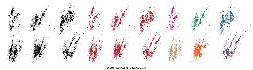 Set of splatter red blood and orange, green, purple, wheat, black color grunge texture crime element background