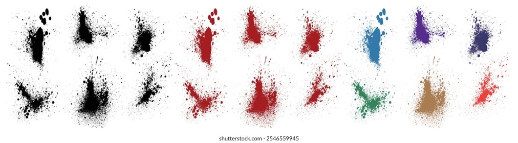 Set of splatter red blood, orange, green, purple, and black color grunge texture crime blood vector