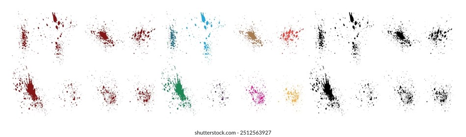 Conjunto de salpicaduras de rojo, naranja, verde, púrpura, trigo, color negro grunge textura delito Vector en sangre