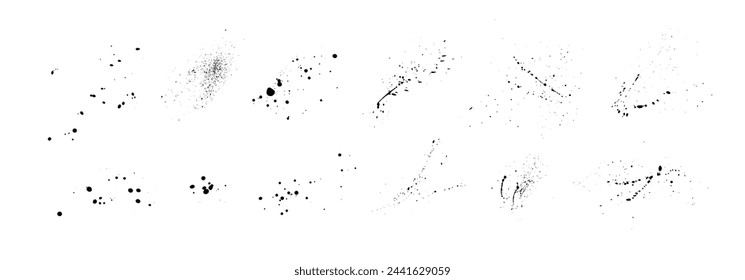 Set of splattered vector black paint blots and drops. Hand drawn ink drops and splashes. Liquid paint drips and ink splatter. Grunge texture for punk posters, templates and graffiti design.