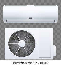 Set of Split air conditioner house system. Outdoor and Indoor units. Sample White color. Vector Illustration on isolated transparent background