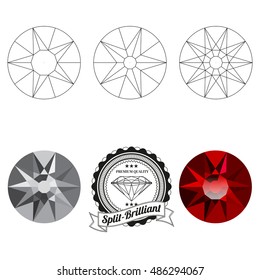 Set of split brilliant cut jewel views isolated on white background - top view, bottom view, realistic ruby, realistic diamond and badge. Can be used as part of logo, icon, web decor or other design.