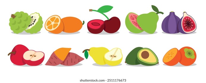 A set of Split Fruits, Annona, Kumquat, Cherry, Guava, Fig, Apple, Sweet potato, Pear, Avocado, Persimmon, simple collection flat vector illustration.