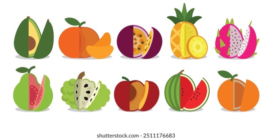A set of Split Fruits, Avocado, Tangerine, Mandarin, Passion Fruit, Pineapple, White Dragon fruit, Guava, Annona, Red Peach, Watermelon, Orange, simple collection flat vector illustration.