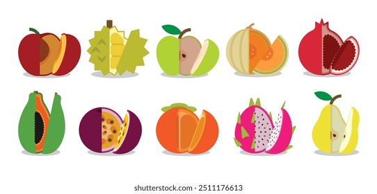 A set of Split Fruits, Red Peach, Durian, Apple, Cantaloupe, Melon, Pomegranate, Papaya, Passion Fruit, Persimmon, White Dragon fruit, Pear, simple collection flat vector illustration.