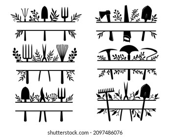 Conjunto de herramientas de jardín dividido. Colección de jardinería floral marco monograma con palas, hachas, martillos, rastrillos, tijeras. Herramientas agrícolas. Ilustración vectorial aislada en fondo blanco.